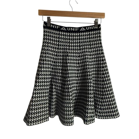 UNIF Black White Houndstooth Knit Logo Waist Fit & Flare Mini Skirt Size Medium - Picture 6 of 9